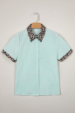 Green Stripe Leopard Contrast Collar Short Sleeve Shirt