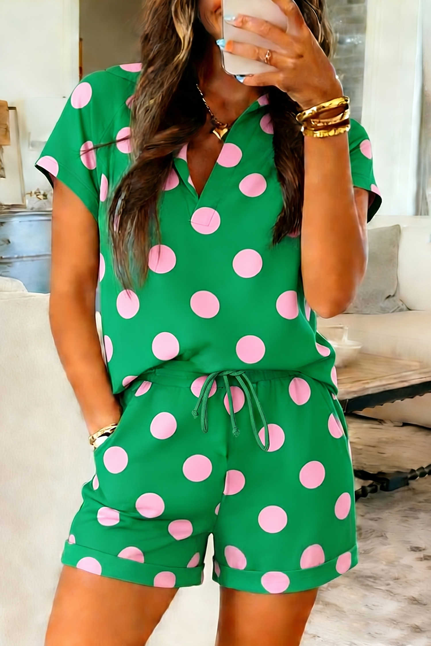 Green Polka Dot Print V Neck Tee Short Set