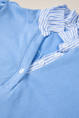 Sky Blue Striped Frilled Collar Short Sleeve Blouse