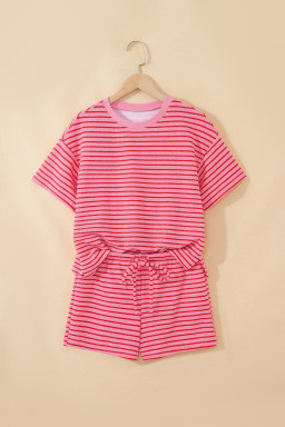 Rose Stripe Side Split Knit Tee Drawstring Shorts Set
