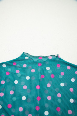 Green Polka Dot Patterned Bodycon Mock Neck Mesh Long Sleeve Top