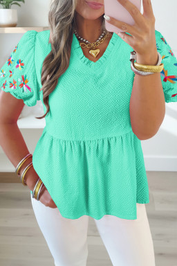 Mint Green Frilled V Neck Flower Embroidered Puff Sleeve Textured Blouse
