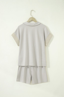 Khaki Stripe Dolman Sleeve Polo Shirt and Drawstring Shorts Set