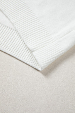 White Corded Horseshoes Ribbed Trim Mock Neck Short Sleeve Sweater