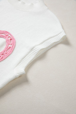 White Corded Horseshoes Ribbed Trim Mock Neck Short Sleeve Sweater