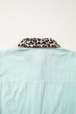 Green Stripe Leopard Contrast Collar Short Sleeve Shirt