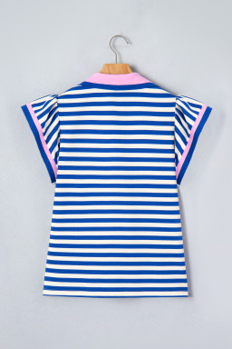 Blue Stripe Contrast Trim Polo Collar Ruffled Short Sleeve Blouse