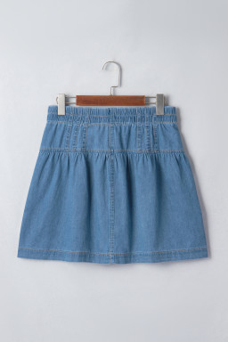 Sky Blue Half Buttons Pleated High Waist Denim Mini Skirt with Drawstring