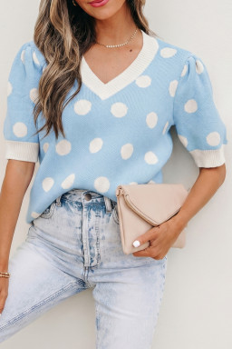 Light Blue Polka Dot Puff Short Sleeve Sweater Top