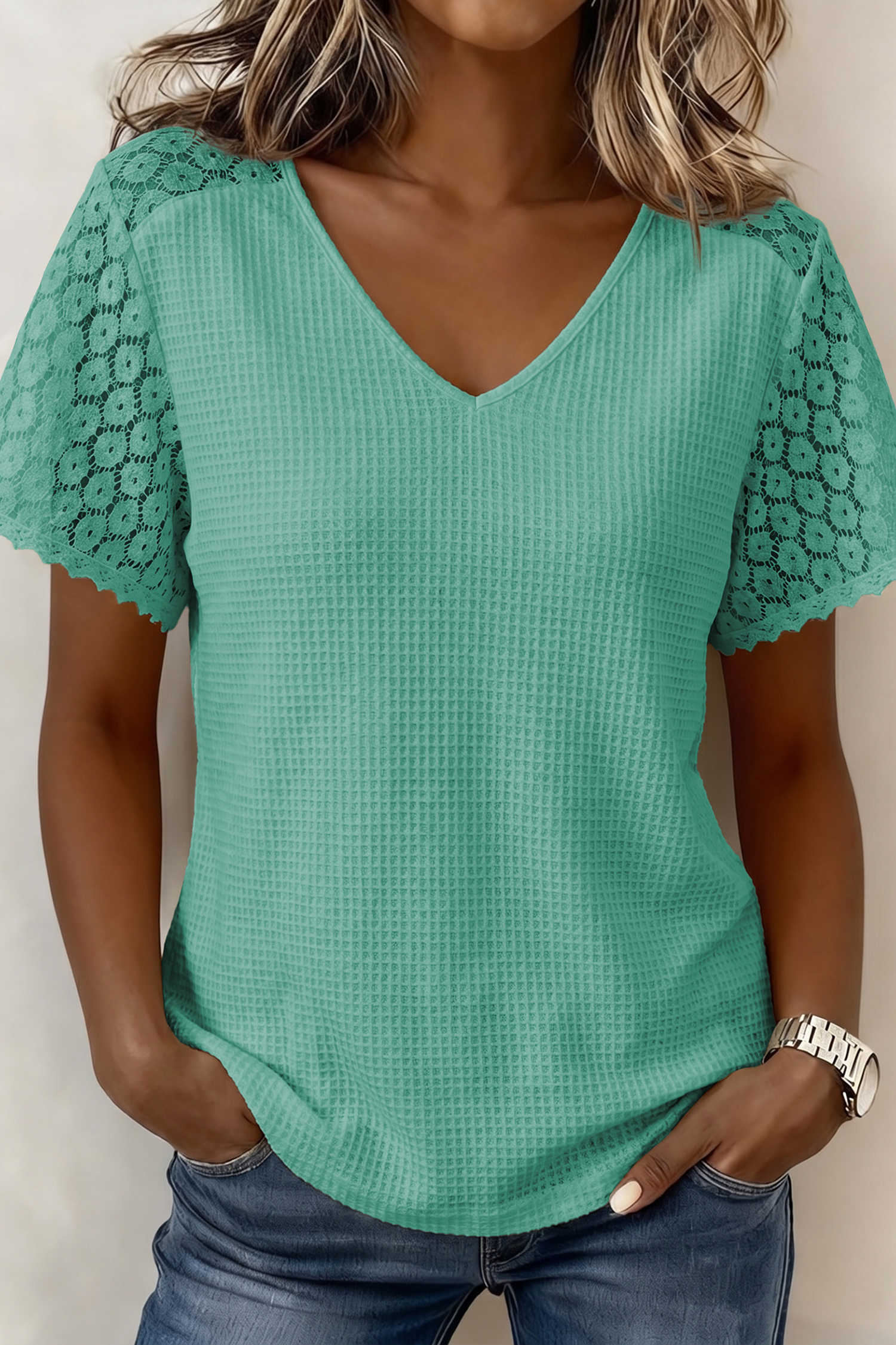 Mint Green Lace Splicing Button Cutout V Neck Waffle Knit Blouse