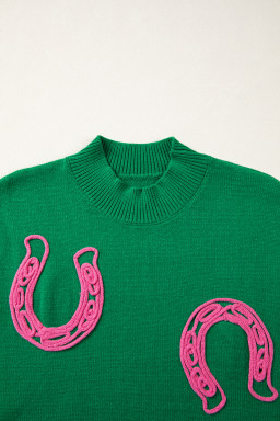 Bright Green Corded Horseshoes Ribbed Trim Mock Neck Short Sleeve Sweater