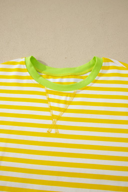 Yellow Stripe Contrast Neck Loose Tee and Drawstring Shorts Set