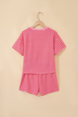 Rose Stripe Side Split Knit Tee Drawstring Shorts Set