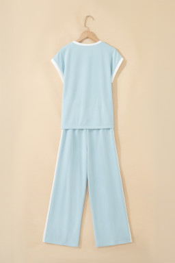 Mist Blue Contrast Trim Round Neck Pocketed Boxy Tank Top Wide Leg Pant Set