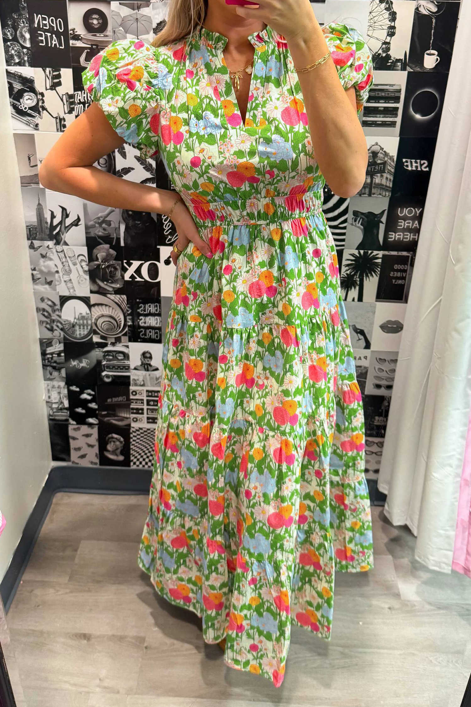 Green Floral Print V Neck Short Puff Sleeve Cotton Maxi Dress