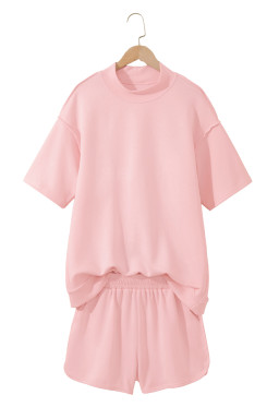 Light Pink Solid Color Exposed Seam Mock Neck Oversize Tee Casual Shorts 2pcs Outfit