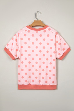 Pink Color Block Trim Polka Dot Casual Tee