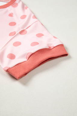 Pink Color Block Trim Polka Dot Casual Tee