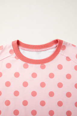 Pink Color Block Trim Polka Dot Casual Tee