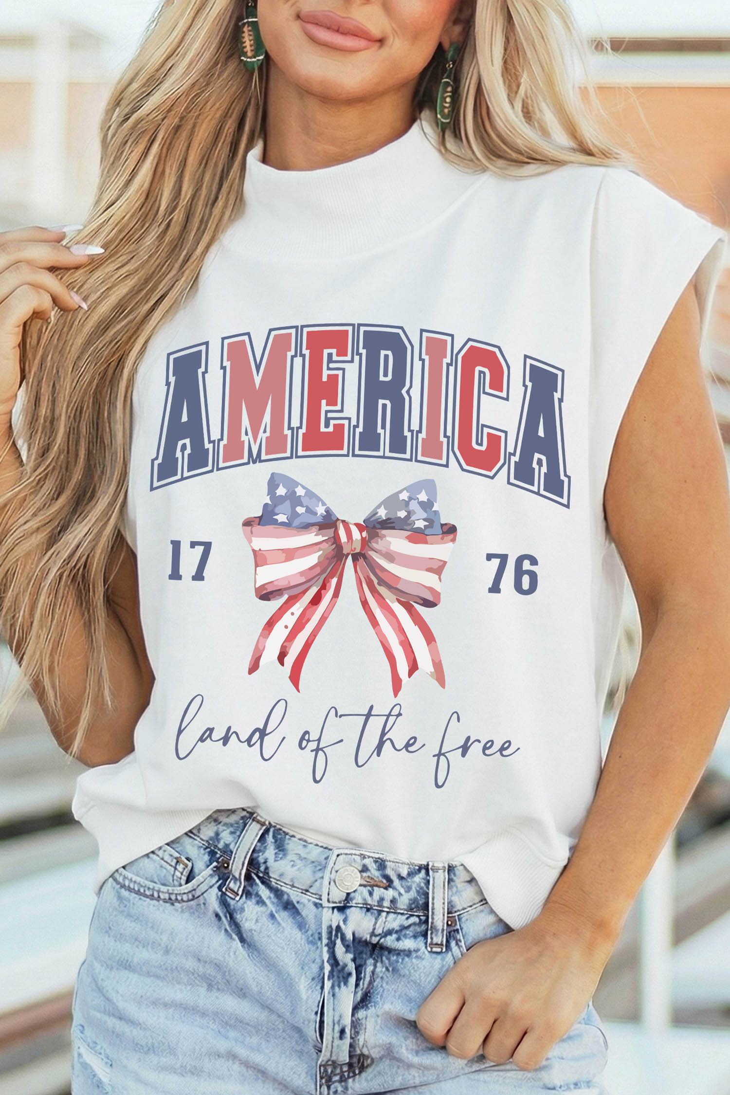 White Patriotic Slogan America Flag Print Mock Neck Tee