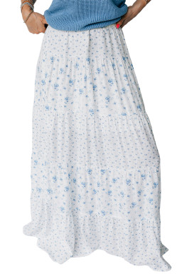 Sky Blue High Waist Tiny Floral Print Boho Maxi Skirt