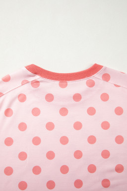 Pink Color Block Trim Polka Dot Casual Tee