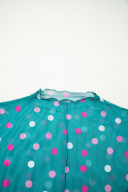 Green Polka Dot Patterned Bodycon Mock Neck Mesh Long Sleeve Top
