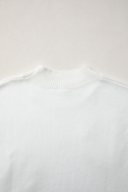 White Corded Horseshoes Ribbed Trim Mock Neck Short Sleeve Sweater