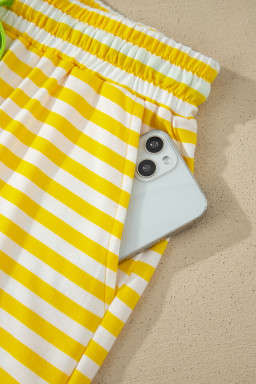 Yellow Stripe Contrast Neck Loose Tee and Drawstring Shorts Set