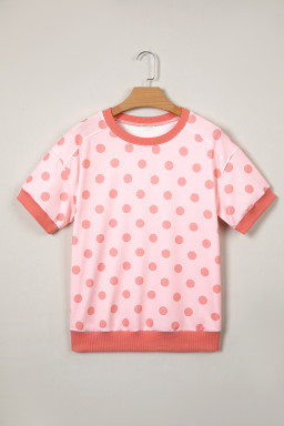 Pink Color Block Trim Polka Dot Casual Tee