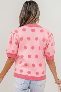 Rose Red Polka Dot Puff Short Sleeve Sweater Top