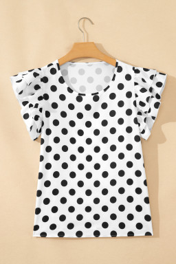 White Polka Dot Print Ruffled Short Sleeve Blouse