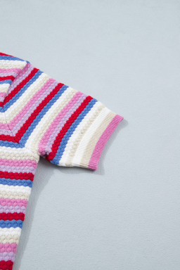 Multicolour Textured Stripes Knit Short Sleeve Sweater