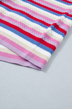 Multicolour Textured Stripes Knit Short Sleeve Sweater
