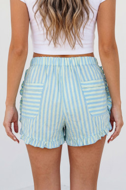 Sky Blue Stripe Elastic Waist Ruffle Trim Casual Shorts