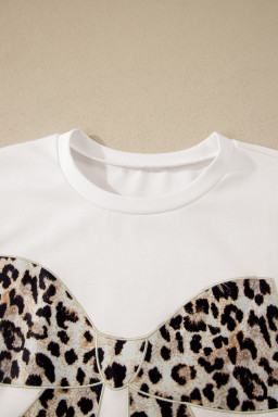 White Contrast Leopard Bow Patched Short Sleeve T Shirt Long Dress