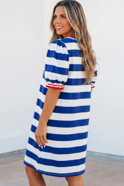 Blue Stripe Contrast Trim Round Neck Short Puff Sleeve Shift Mini Dress
