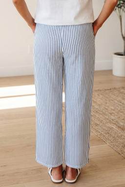 Blue Stripe Drawstring Elastic Waist Ankle Length Shift Pants