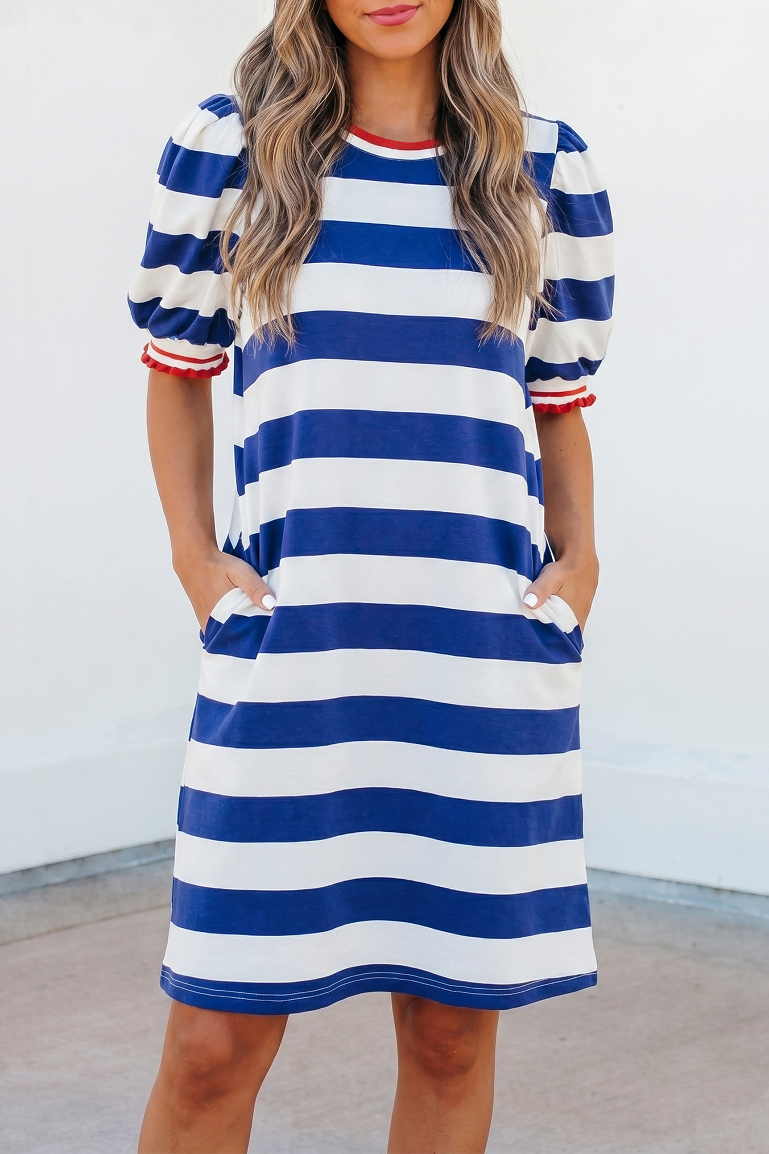 Blue Stripe Contrast Trim Round Neck Short Puff Sleeve Shift Mini Dress