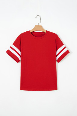 Fiery Red Varsity Striped Short Sleeve Crew Neck T Shirt