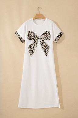 White Contrast Leopard Bow Patched Short Sleeve T Shirt Long Dress