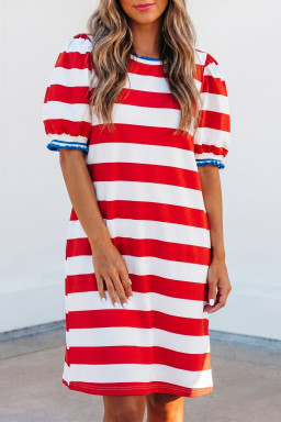 Red Stripe Contrast Trim Round Neck Short Puff Sleeve Shift Mini Dress