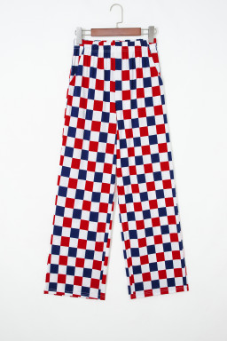 Red 2-Tone Checked Print High Waist Wide Leg Pants