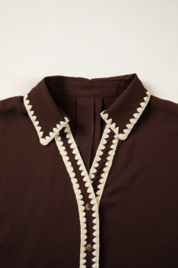 Coffee Shirt Collar Contrast Trim Button V Neck Short Sleeve Blouse