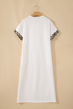 White Contrast Leopard Bow Patched Short Sleeve T Shirt Long Dress