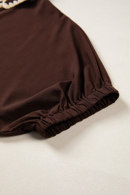 Coffee Shirt Collar Contrast Trim Button V Neck Short Sleeve Blouse