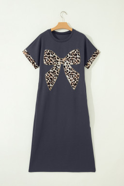 Dark Grey Contrast Leopard Bow Patched Short Sleeve T Shirt Long Dress