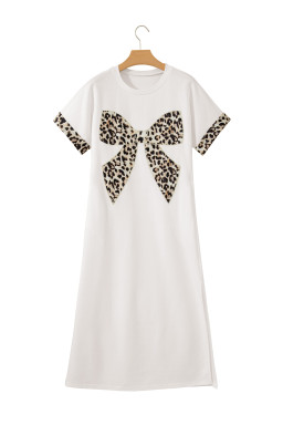 White Contrast Leopard Bow Patched Short Sleeve T Shirt Long Dress