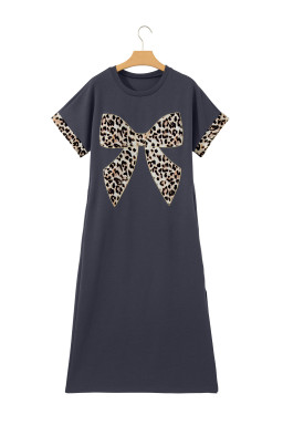 Dark Grey Contrast Leopard Bow Patched Short Sleeve T Shirt Long Dress