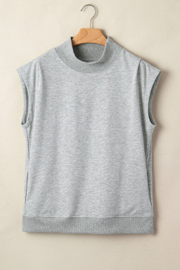 Light Grey Solid Color High Neck Cap Sleeve Loose Top